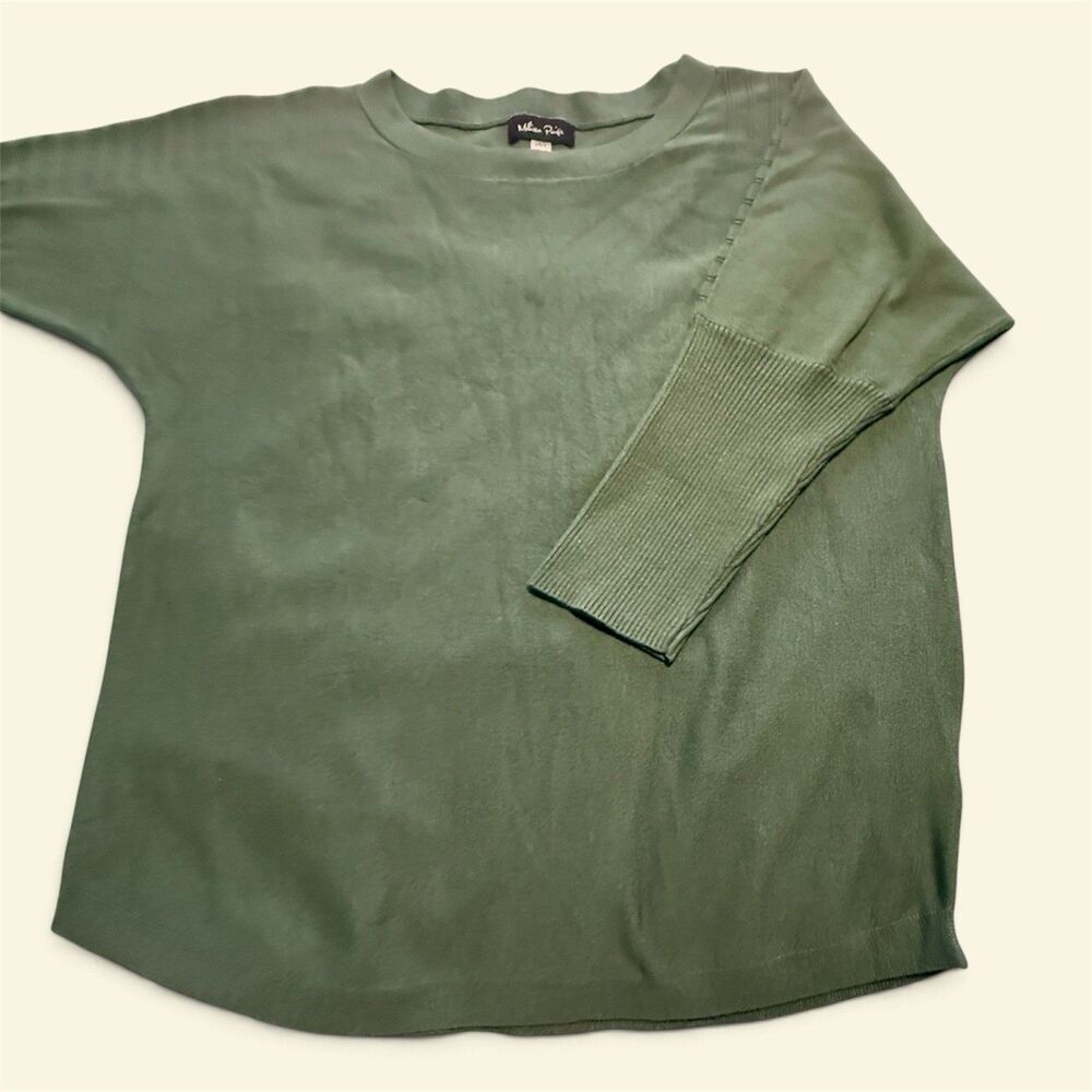 Melissa Paige Fine Knit Sweater Button-Back Drop-Shoulder Green Multi Designs L